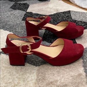 Red Velvet Chunky Heel with Gold Buckle Shoes